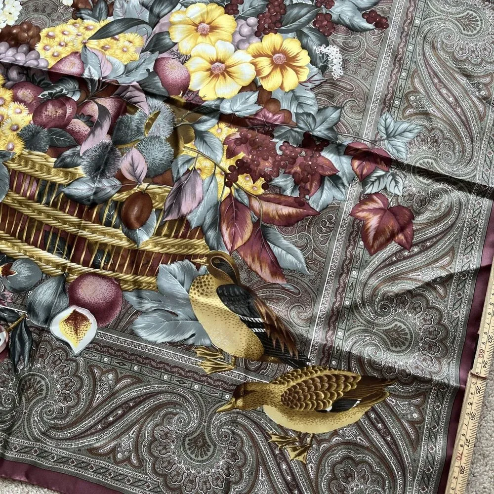 Vintage Brooks Brothers Scarf 100% Silk Italy Floral Fruit Birds Square 34